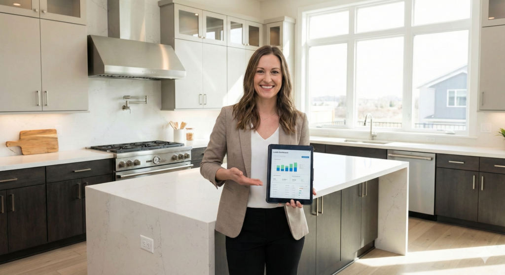 Real estate agent reviewing lead generation dashboard on a tablet in a modern home.