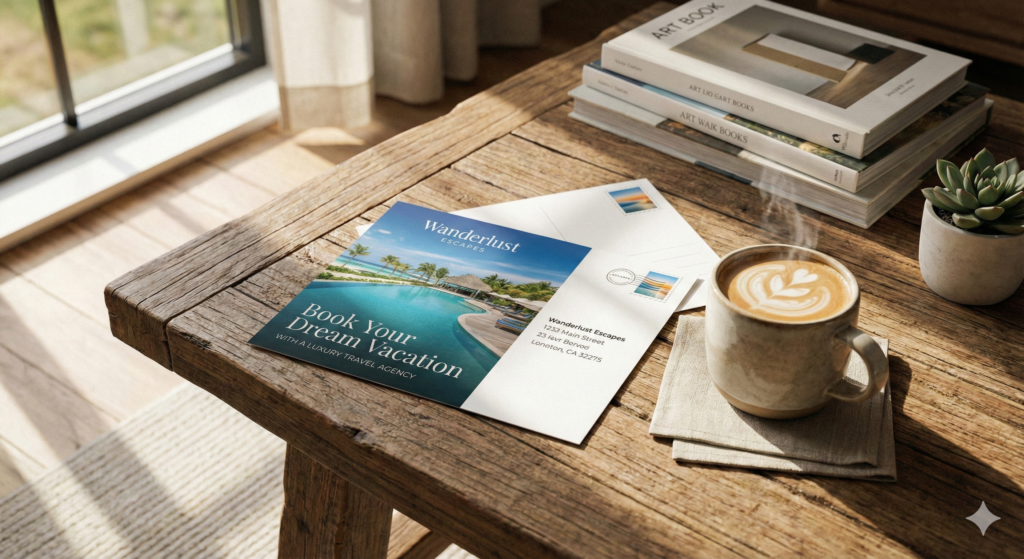 Direct mail real estate marketing postcard on a table.