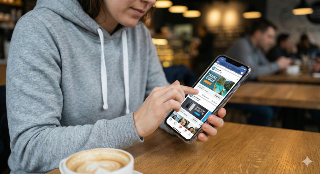 Advertisement on mobile phone showing native ads and video ads in social media feed