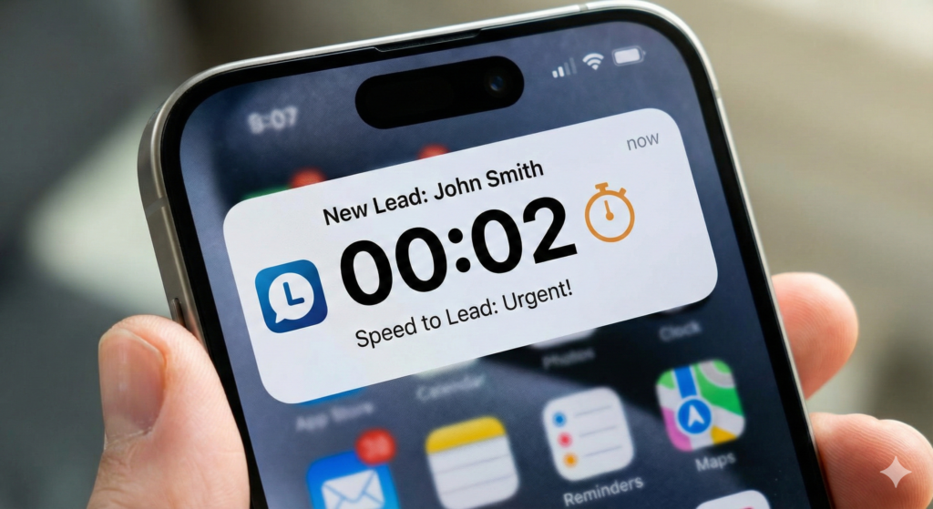 Real estate mobile app notification showing a new lead alert.