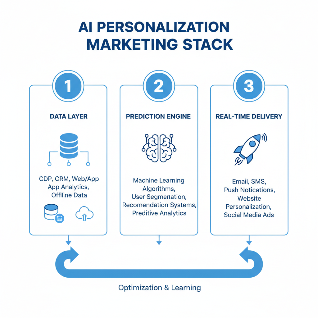 AI-driven personalization marketing stack process diagram — data layer prediction engine real-time delivery