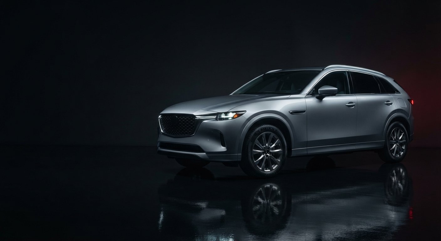 Sleek silver SUV dramatically lit in a dark showroom studio