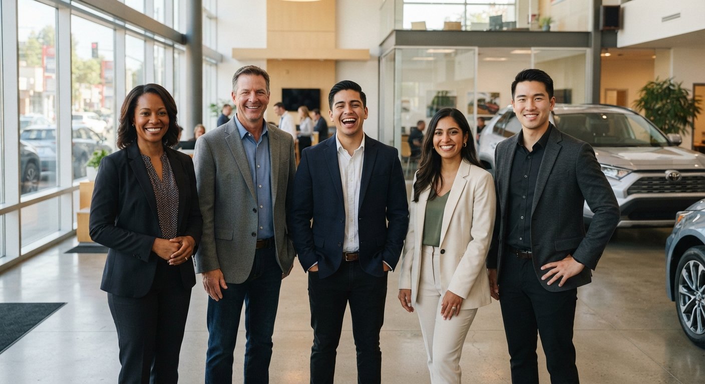 Miller Motors sales team standing together in the showroom