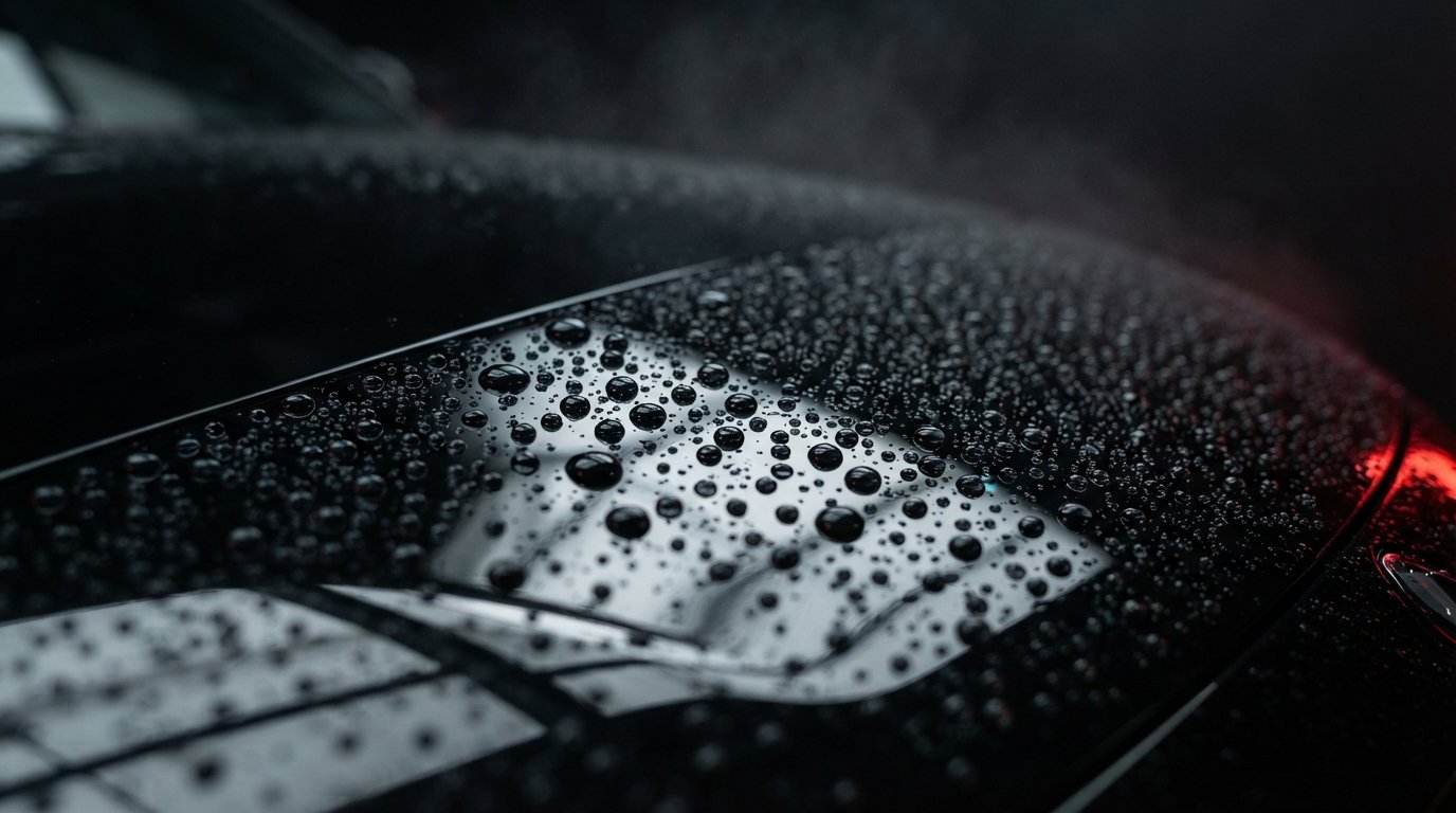 Extreme close-up of water beading on a freshly ceramic-coated glossy black car hood