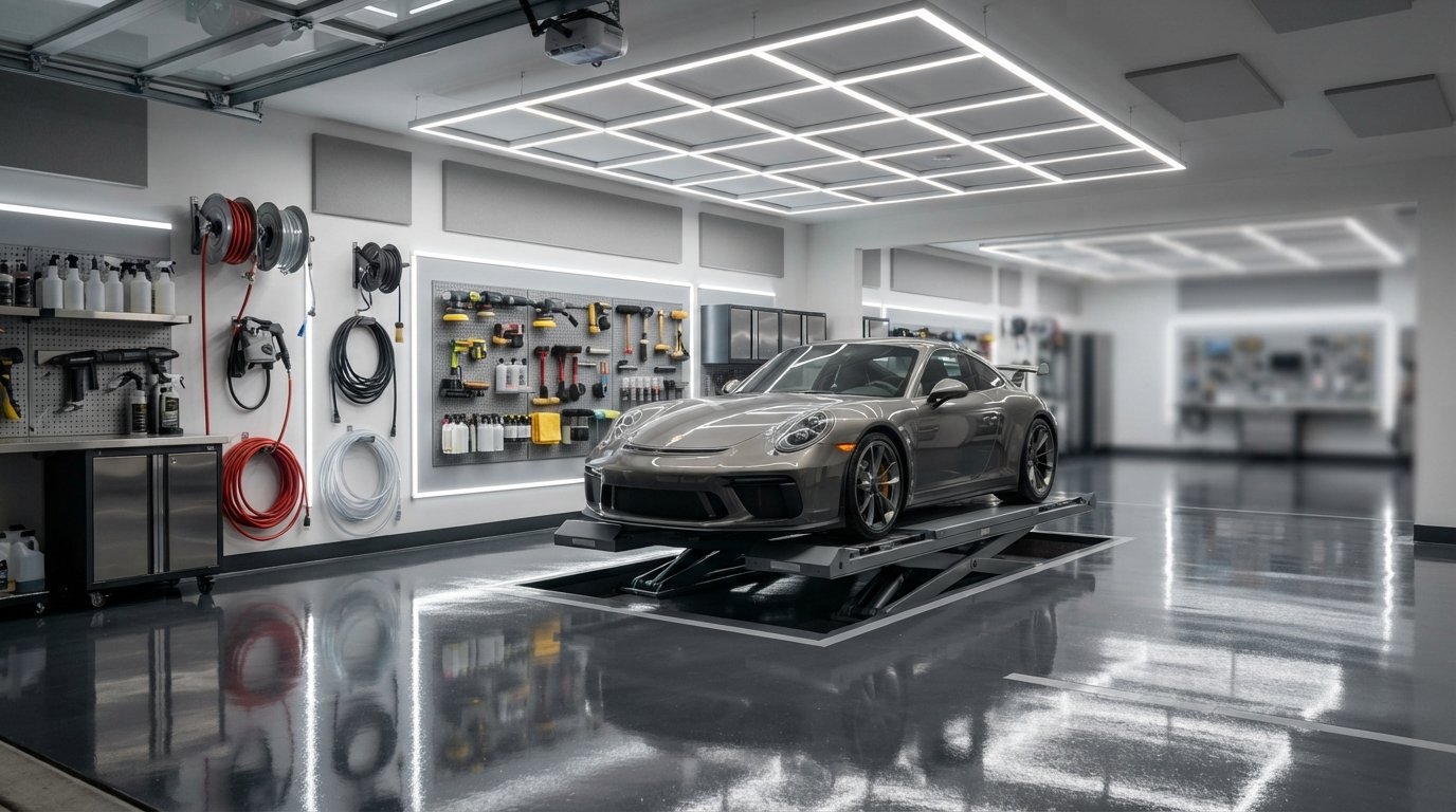 Clean modern professional auto-detailing garage bay