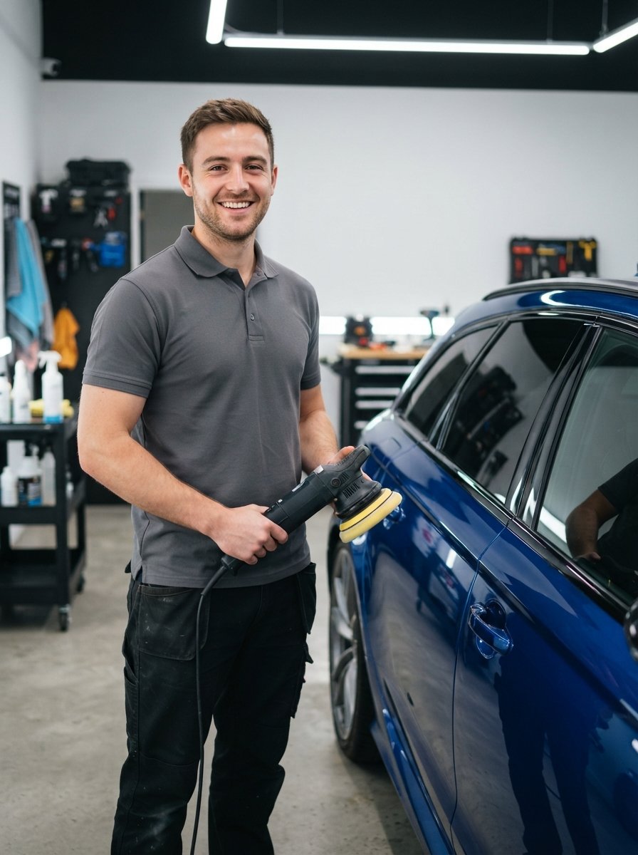 Friendly professional auto-detailing technician holding a polisher beside a glossy car