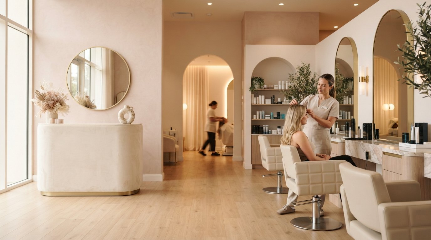 Elegant salon and med spa interior in soft rose and cream tones