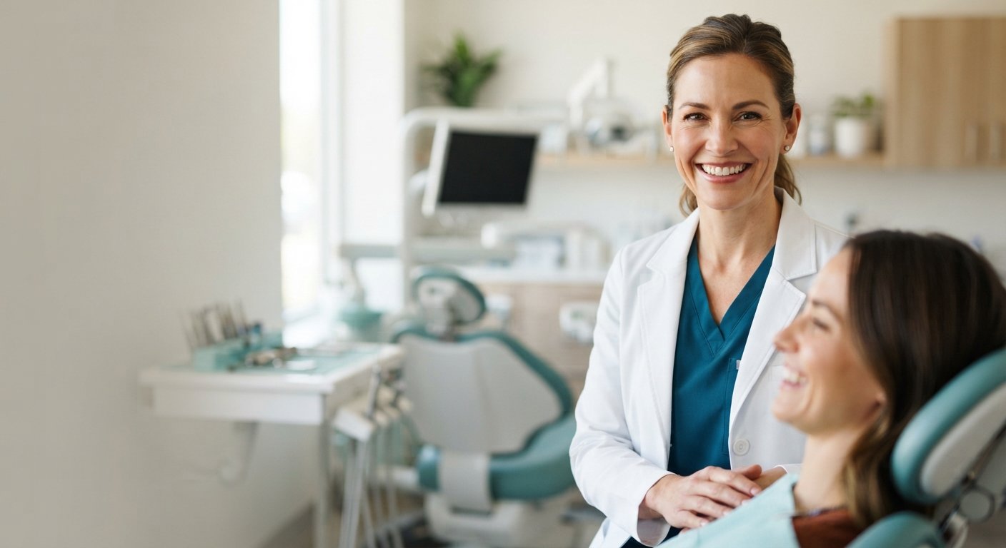 Friendly dentist smiling reassuringly in a modern bright dental office