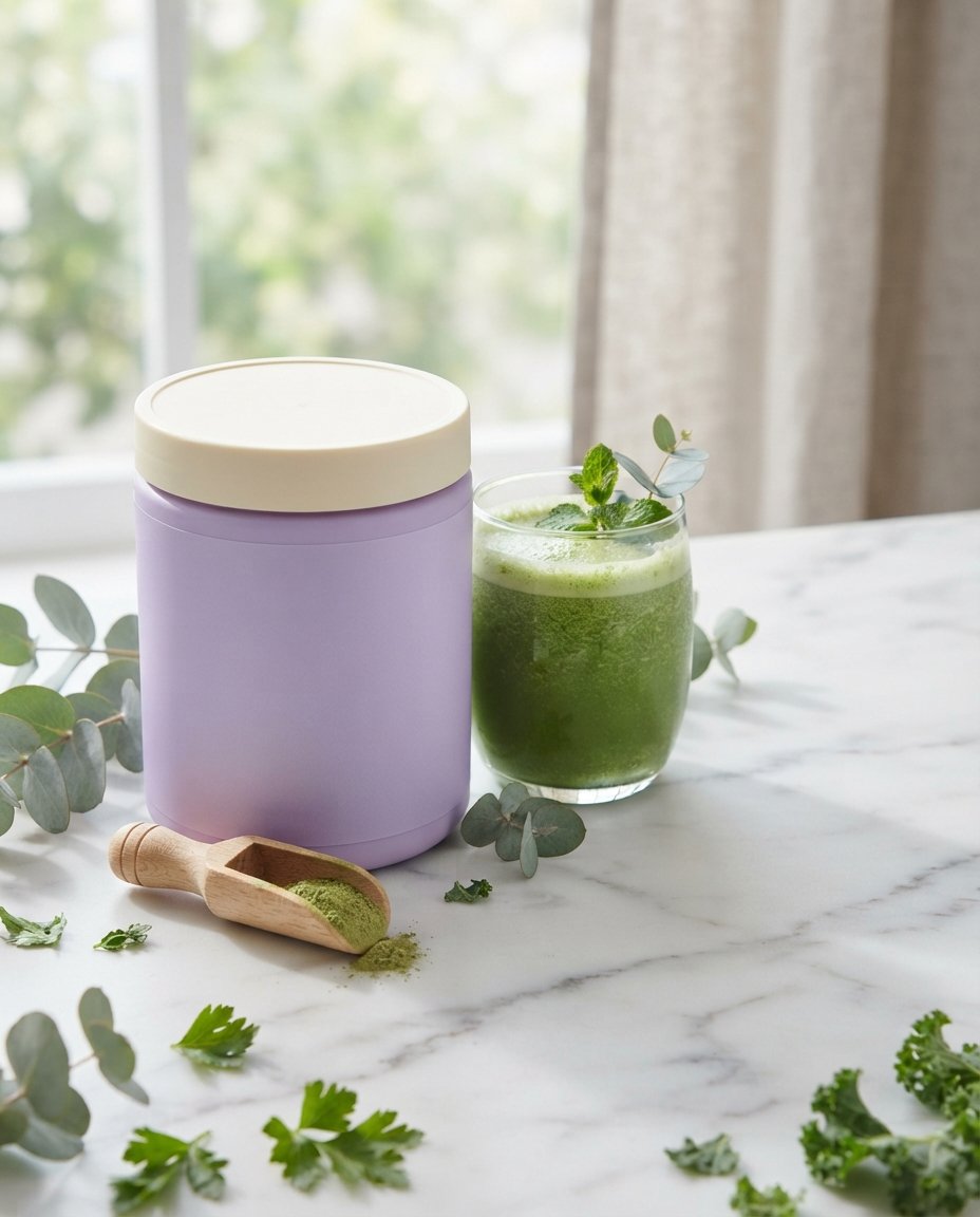 Rooted Daily supplement tub, scoop and a glass of green wellness drink on marble