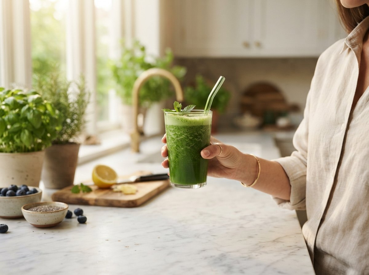 Hand holding a glass of freshly mixed green wellness drink