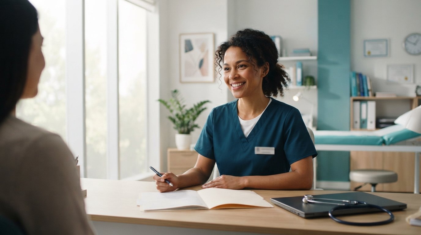 Friendly family doctor smiling while talking with a patient in a bright modern clinic