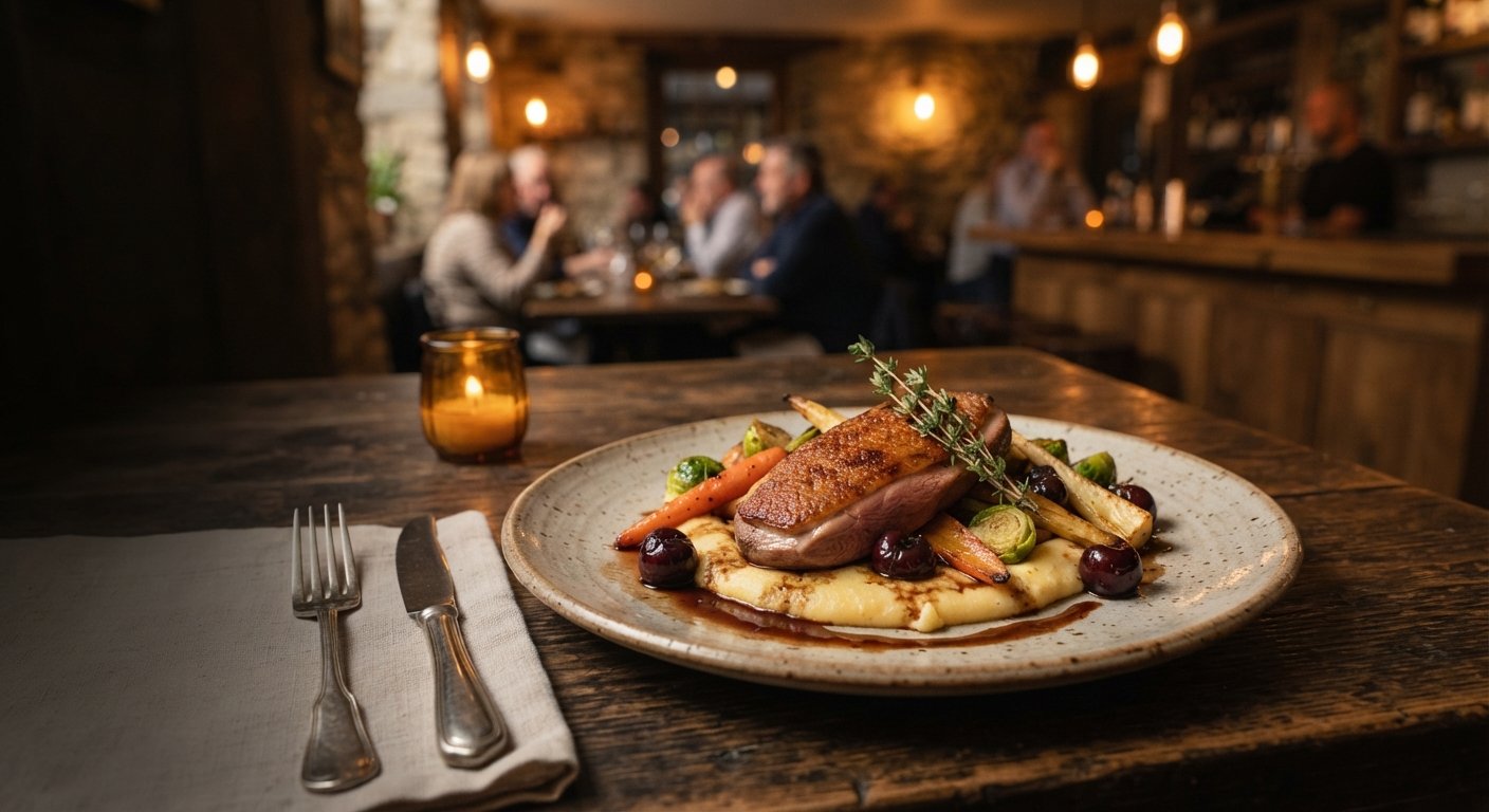 Beautifully plated seasonal dish on a rustic wooden table in a warm dimly-lit bistro