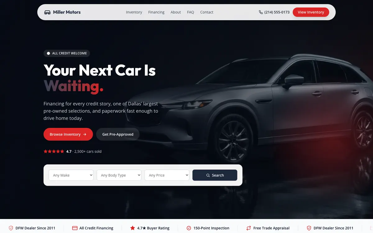 Homepage of the Miller Motors demo site