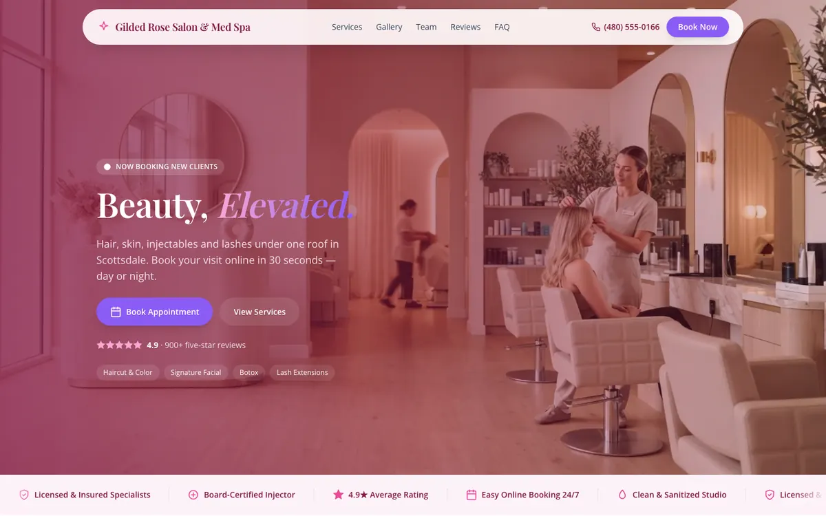Homepage of the Gilded Rose Salon & Med Spa demo site