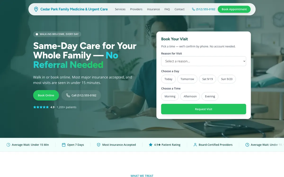 Homepage of the Cedar Park Family Medicine demo site
